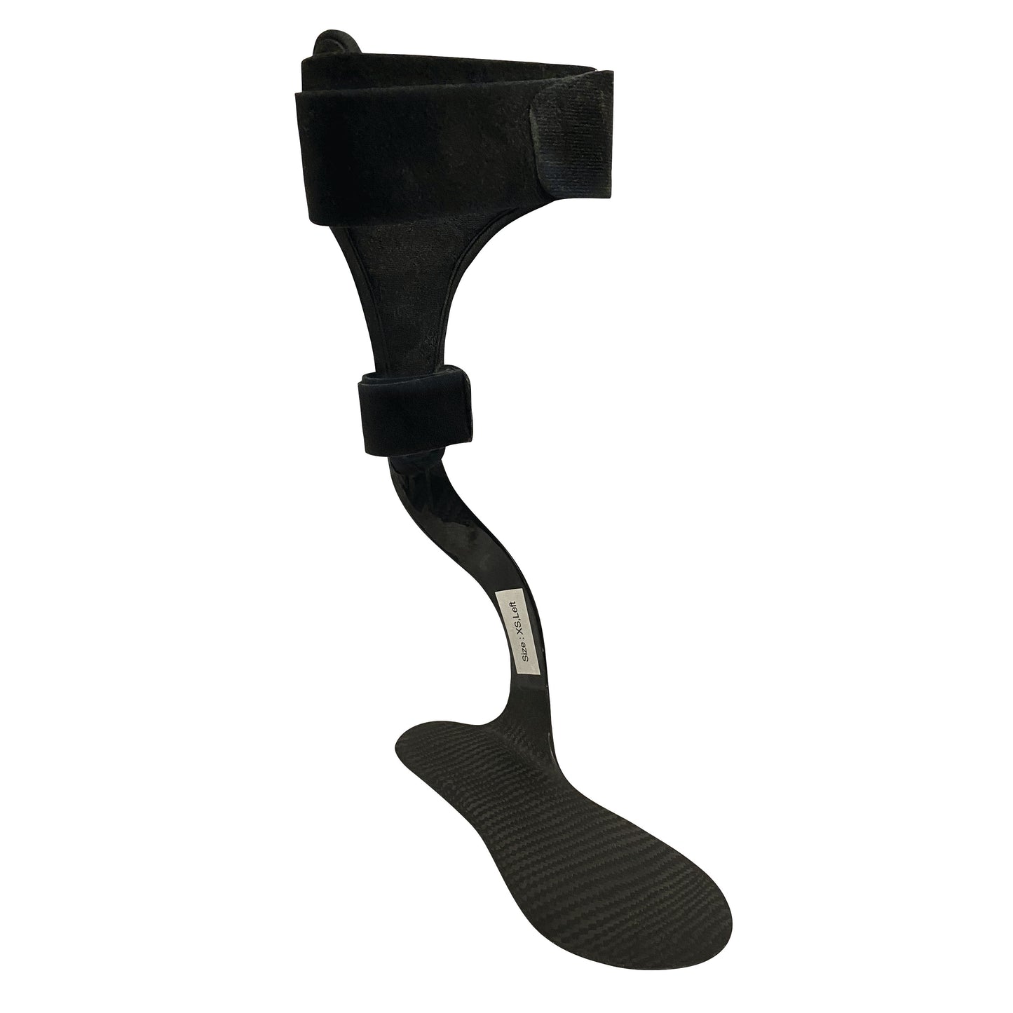 An AliMed Carbon Fiber Posterior Lateral Strut ankle-foot orthosis with a sleek black design and adjustable straps.
