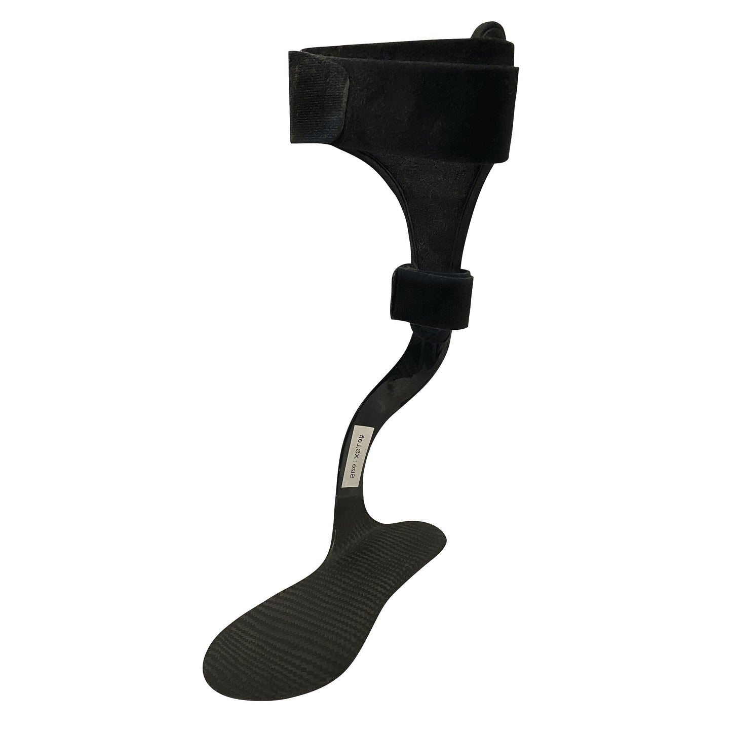 The AliMed Carbon Fiber Posterior Lateral Strut is a sleek, curved orthotic device with adjustable Velcro straps for ankle support.