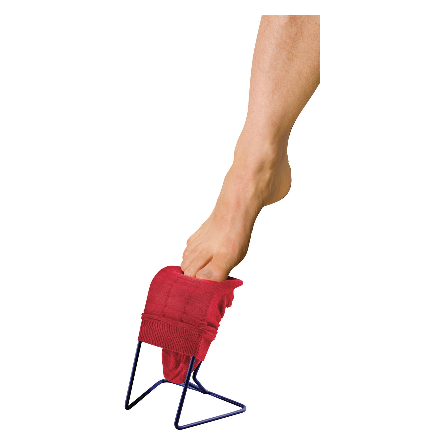 A bare foot uses the Ezy-On Wire Stocking Aid to pull on a red stocking over a wire frame.