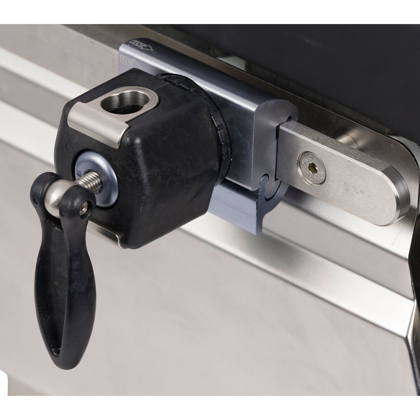 Kyra SocketLok Clamp for E.U. Side Rail, featuring a black handle and silver clamp, secured on a metallic rail.