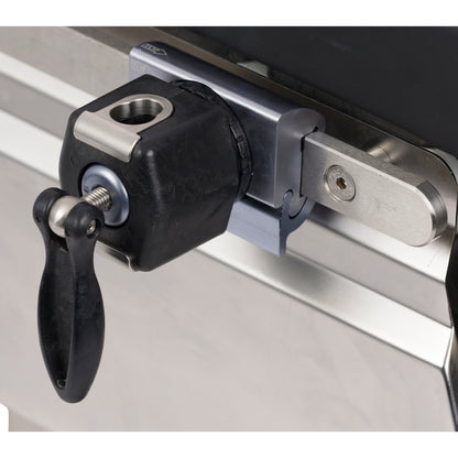 Kyra SocketLok Clamp for E.U. Side Rail, featuring a black handle and silver clamp, secured on a metallic rail.