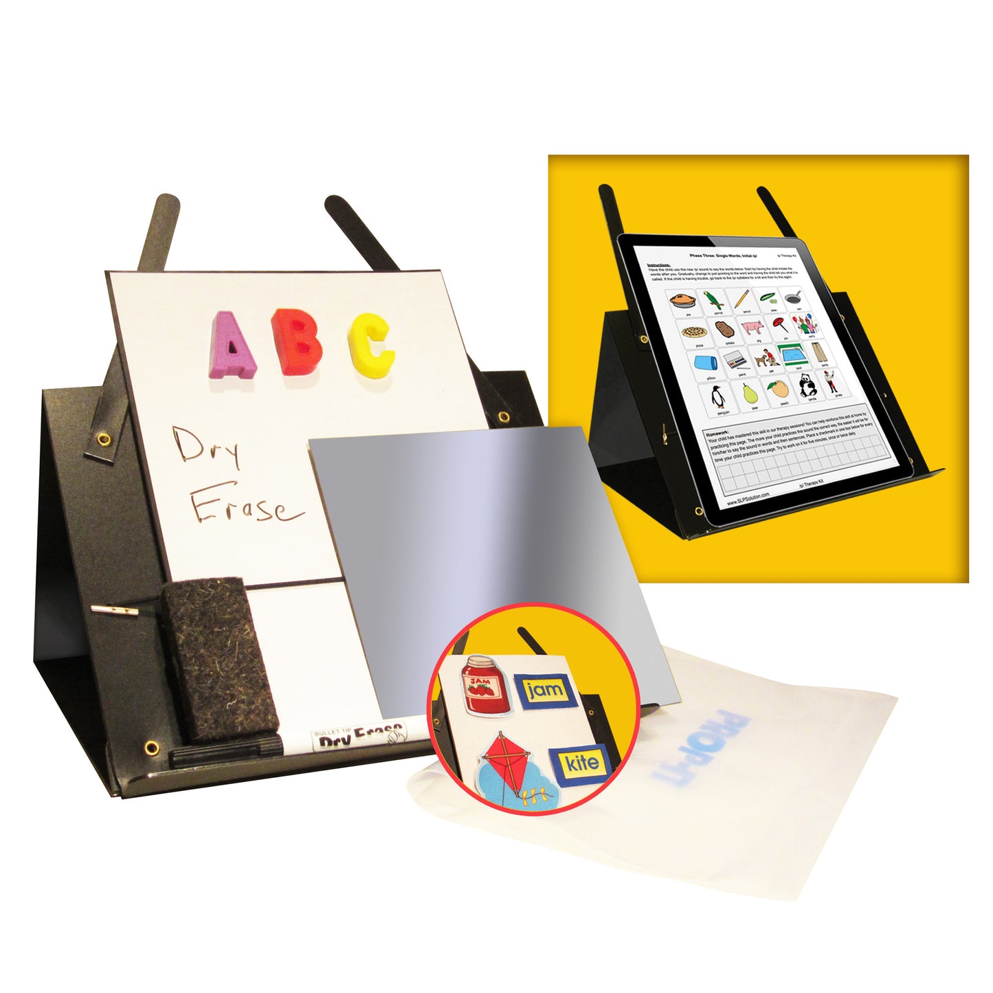 PROP-IT Speech Therapists' Travel Kit featuring a dry-erase board, mirror, and card stand, with various educational tools displayed.