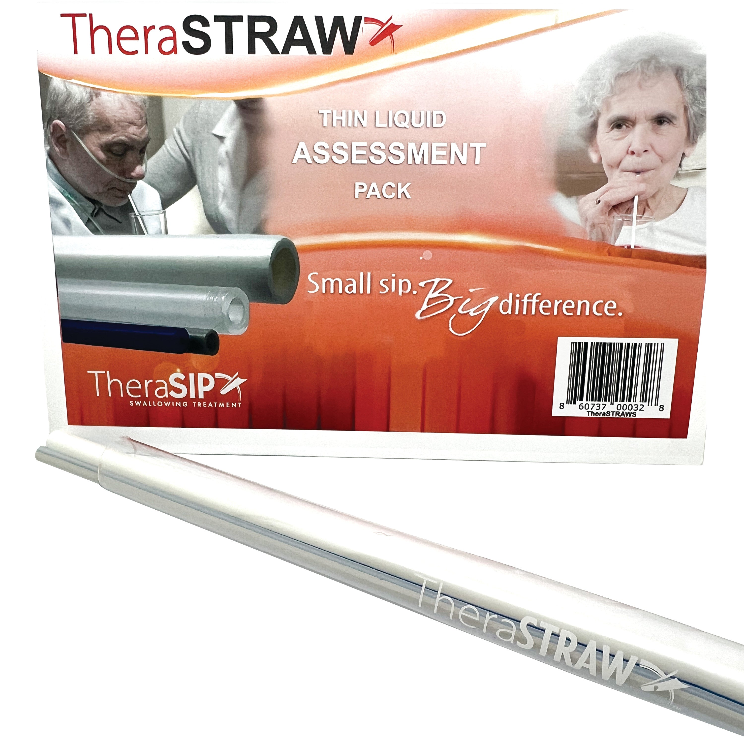 A TheraSIP TheraSTRAW Thin Liquid Assessment Pack, featuring different straws and the tagline "Small sip. Big difference.".