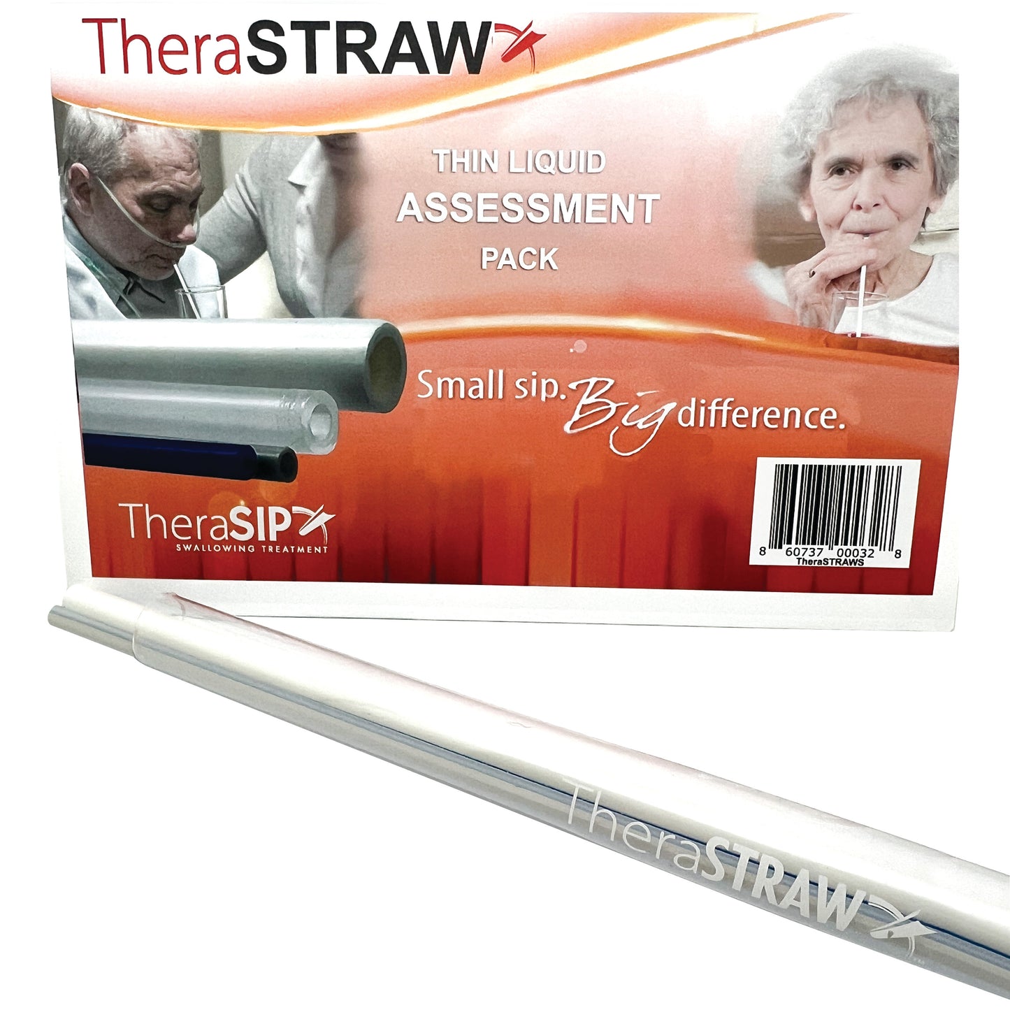A TheraSIP TheraSTRAW Thin Liquid Assessment Pack, featuring different straws and the tagline "Small sip. Big difference.".