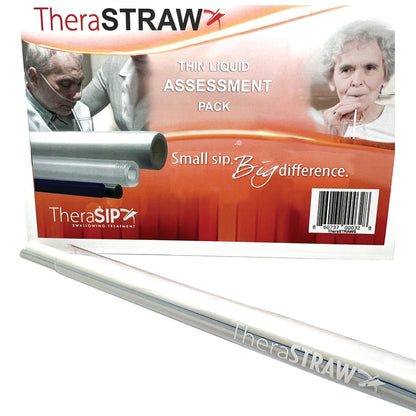 A TheraSIP TheraSTRAW Thin Liquid Assessment Pack, featuring different straws and the tagline "Small sip. Big difference.".
