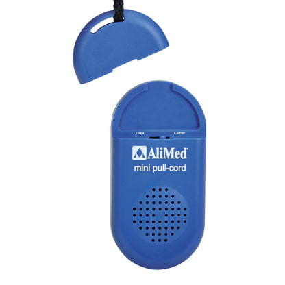 Blue AliMed Worry-Free Pull-Cord Alarm with on/off switch and a speaker grill at the bottom.