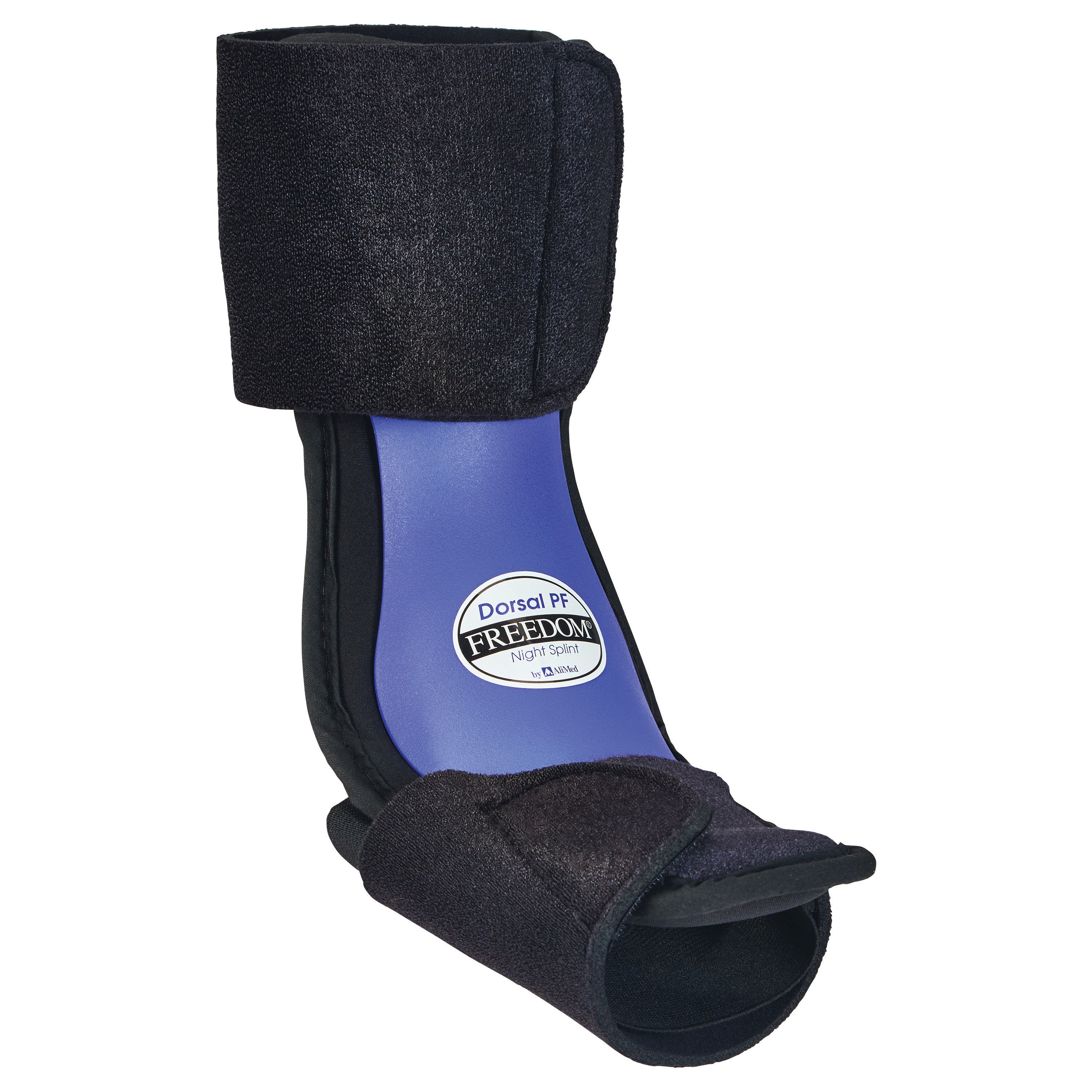 An AliMed FREEDOM Dorsal PF Night Splint, featuring a blue inner lining and black straps.