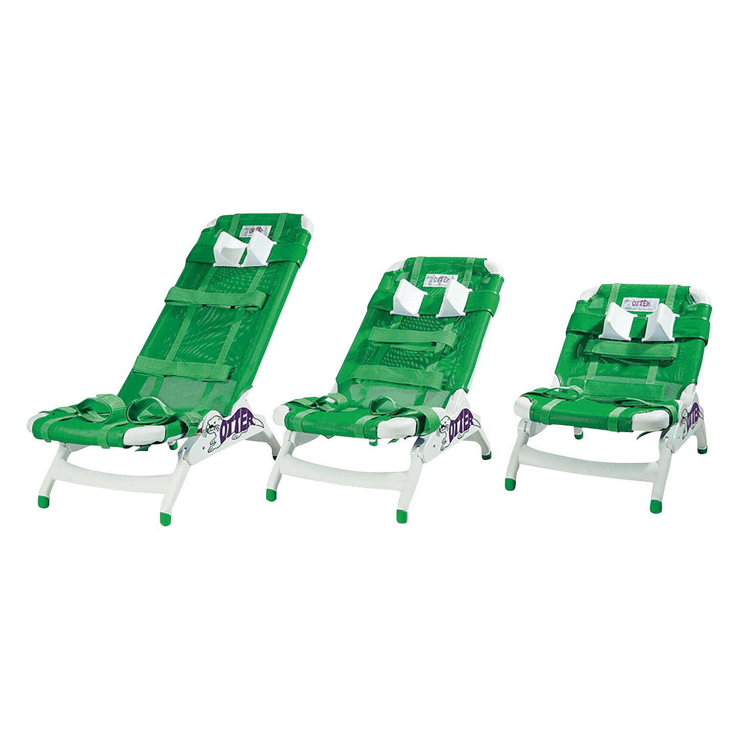 The Drive Medical Otter Pediatric Bathing System, featuring three adjustable green bath seats with safety straps.