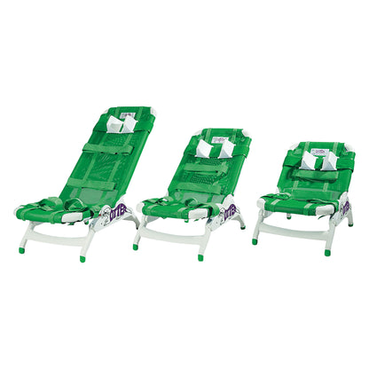 The Drive Medical Otter Pediatric Bathing System, featuring three adjustable green bath seats with safety straps.