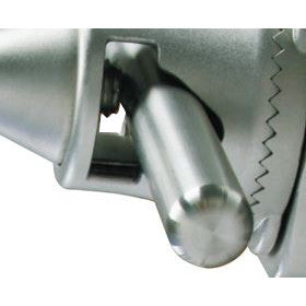 Close-up of the AliMed Clark Socket Plus EZ-On Table Clamp designed for EU surgical table side rails, showing its metallic finish.