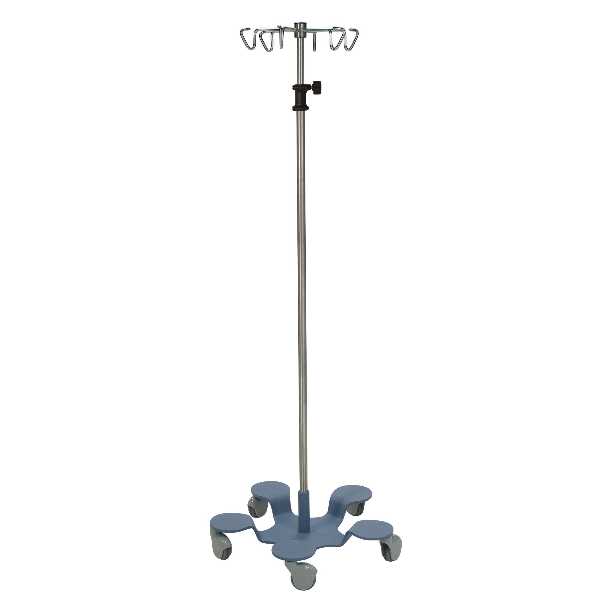 The Pedigo Infusion Pump Stand features a metal pole with multiple hooks and five wheels on a blue base for stability and mobility.