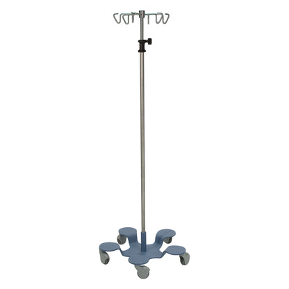 The Pedigo Infusion Pump Stand features a metal pole with multiple hooks and five wheels on a blue base for stability and mobility.