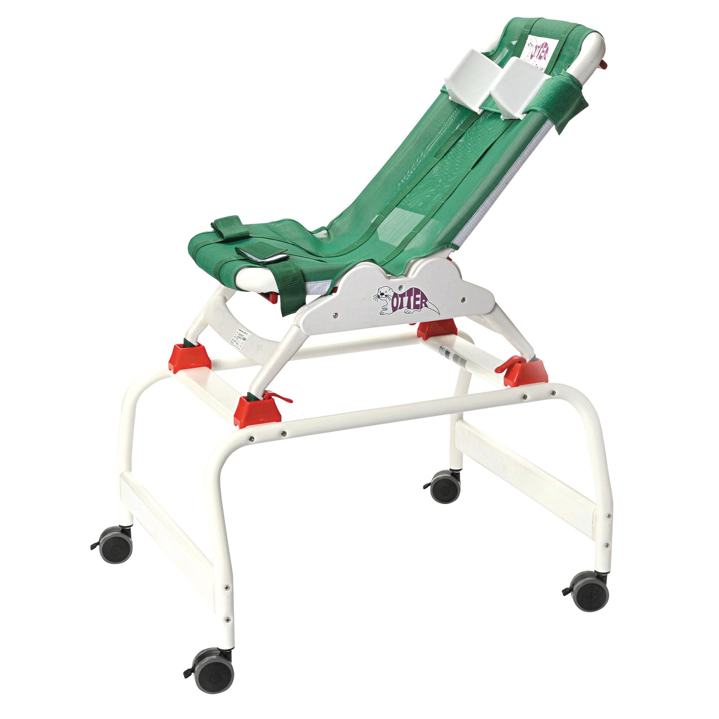 A green and white Shower Stand for Drive Medical Otter Pediatric Bathing System with adjustable seat and wheels for mobility.