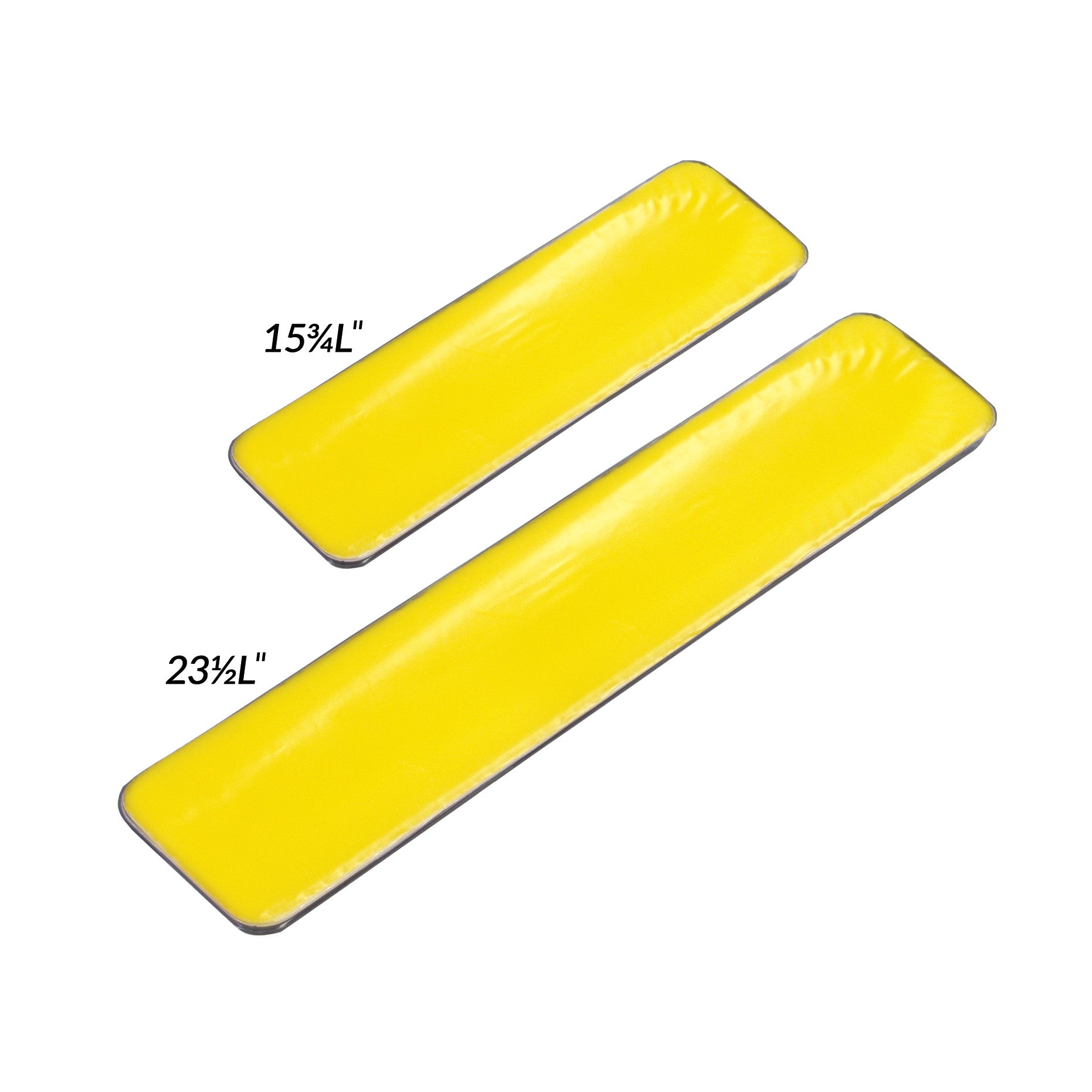 Two yellow AliMed AliLite Standard Armboard Pads in different sizes, labeled 15 1/2 inches and 23 1/2 inches long.