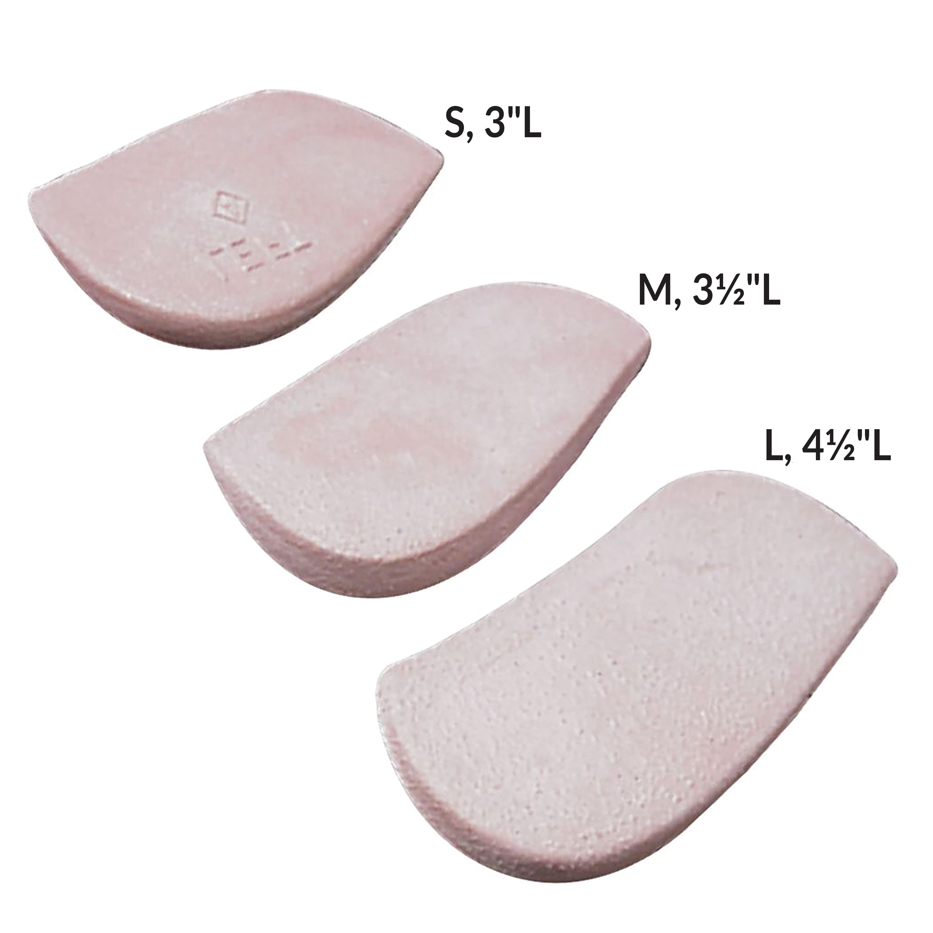 Three Molded Rubber Heel Wedges in sizes S (3"), M (3 1/2"), and L (4 1/2") shown in a pinkish color against a white background.