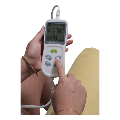 A person adjusts the Theratherm Automatic Moist Heat Pack, showing a display reading 118 1/2F and 20 minutes.