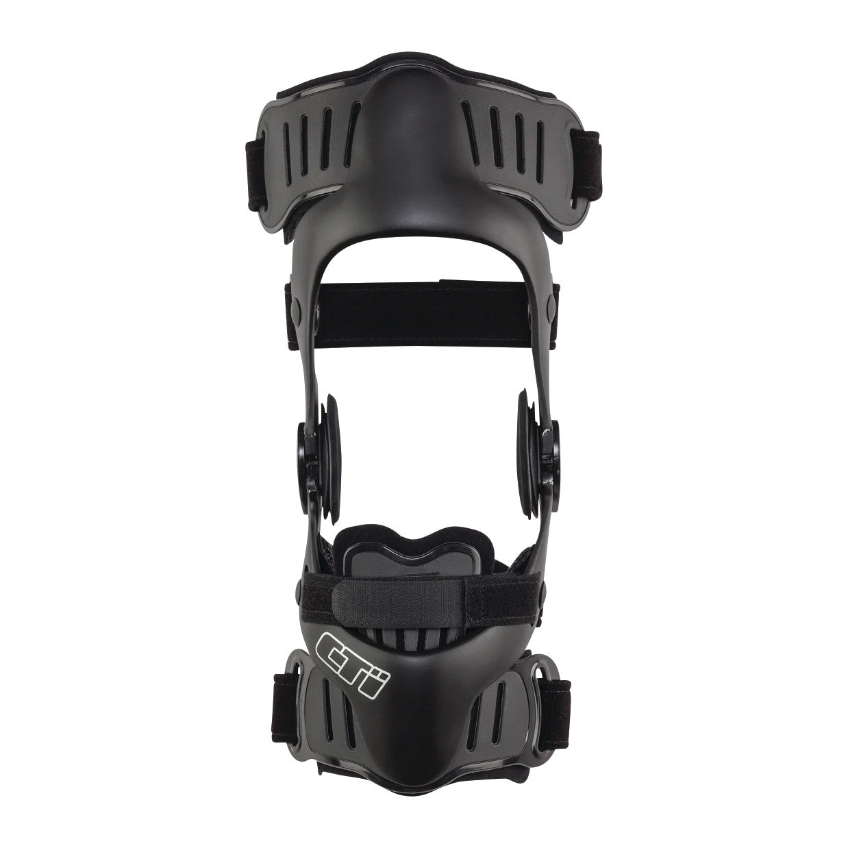 An Ossur CTi OTS Knee Brace, featuring a black, adjustable design with straps and hinges for support.