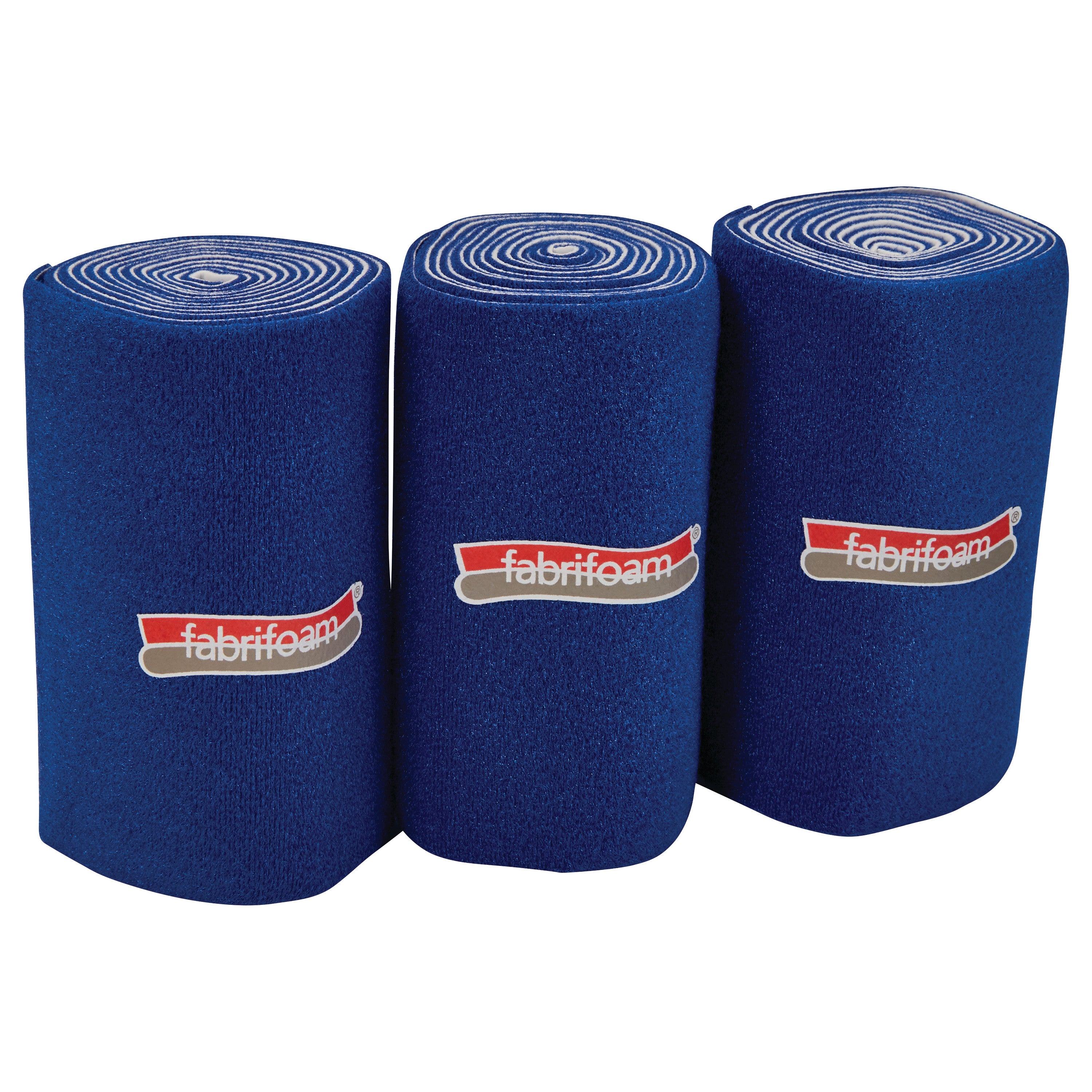 Three rolls of FabriFoam NuStim Wrap in blue, featuring the FabriFoam logo on each roll.