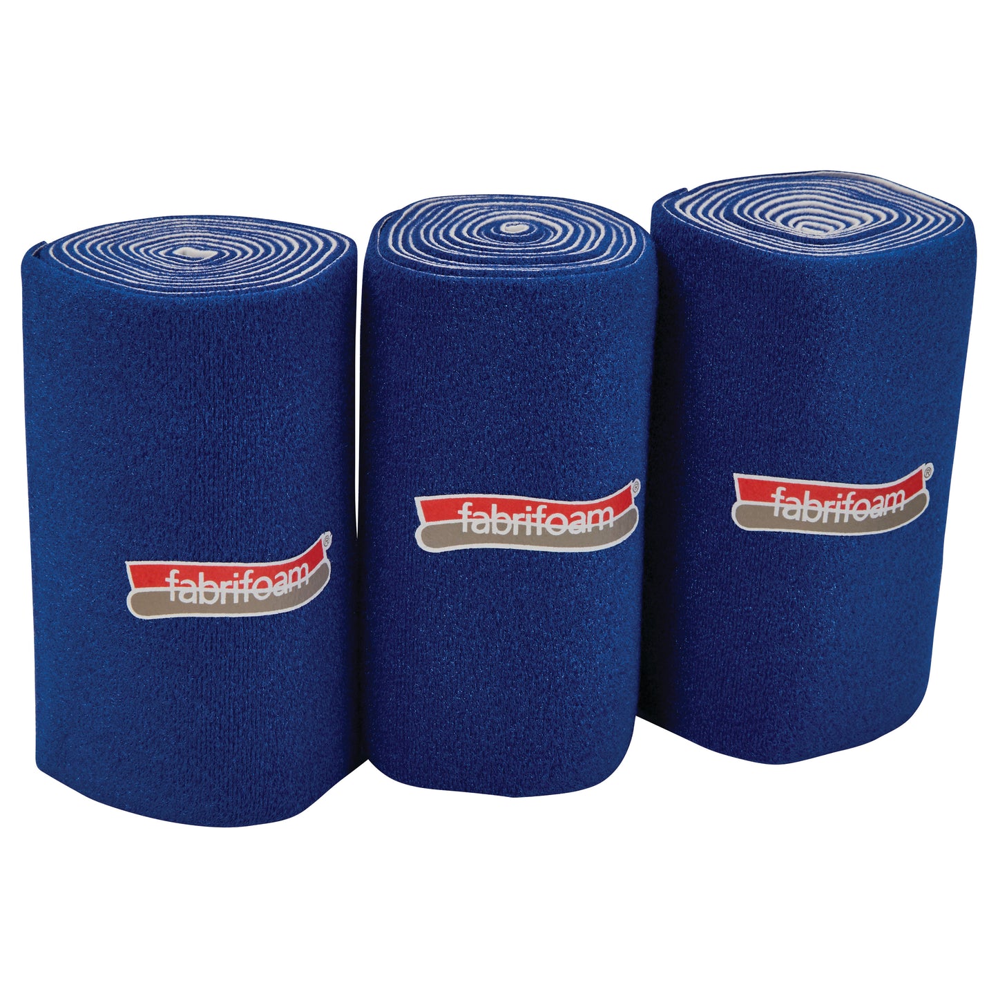 Three rolls of FabriFoam NuStim Wrap in blue, featuring the FabriFoam logo on each roll.