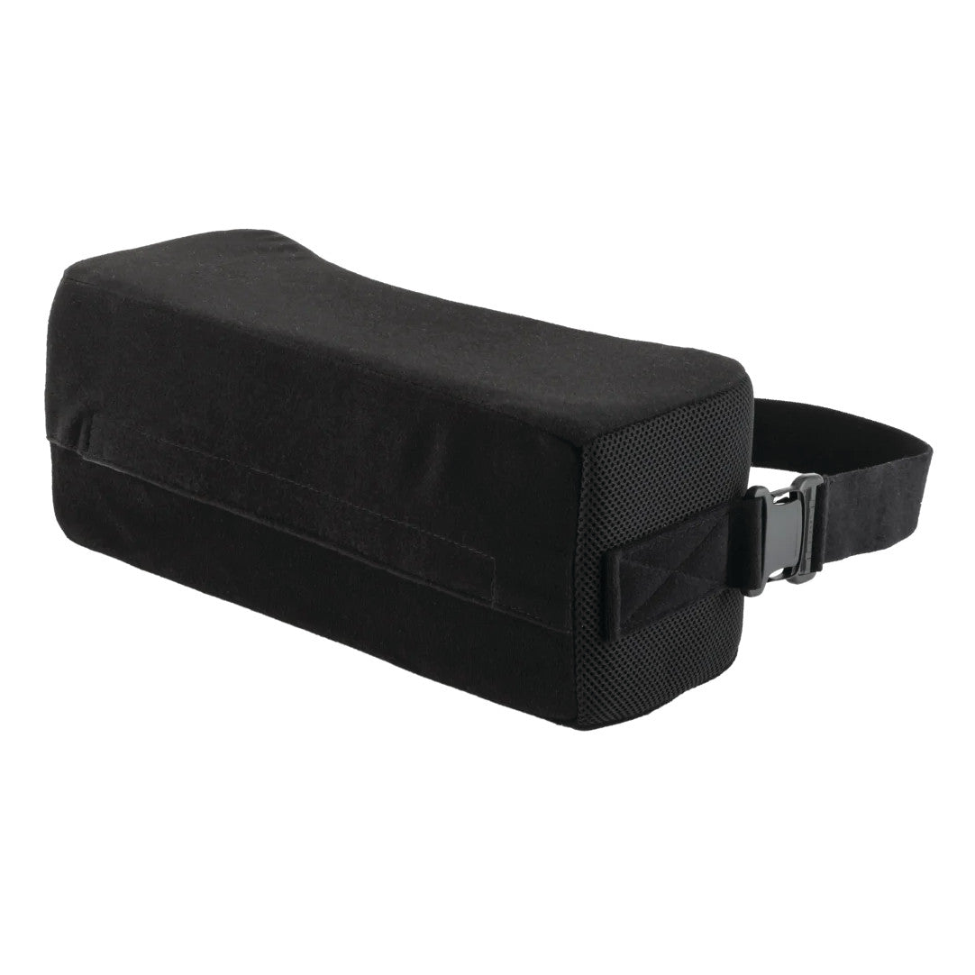 Black External Rotation Pillow for Ossur Formfit Shoulder Brace, rectangular with an adjustable strap and buckle on the side.