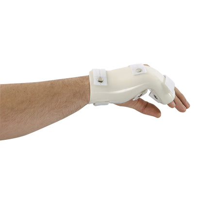 An arm wearing a G-Force Boxers Splint with MP Flexion, featuring a white plastic brace secured with Velcro straps over the hand and wrist.