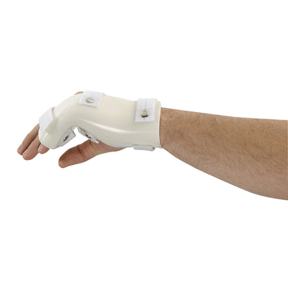 A forearm with a G-Force Boxers Splint with MP Flexion, featuring a white plastic design and secured with straps.