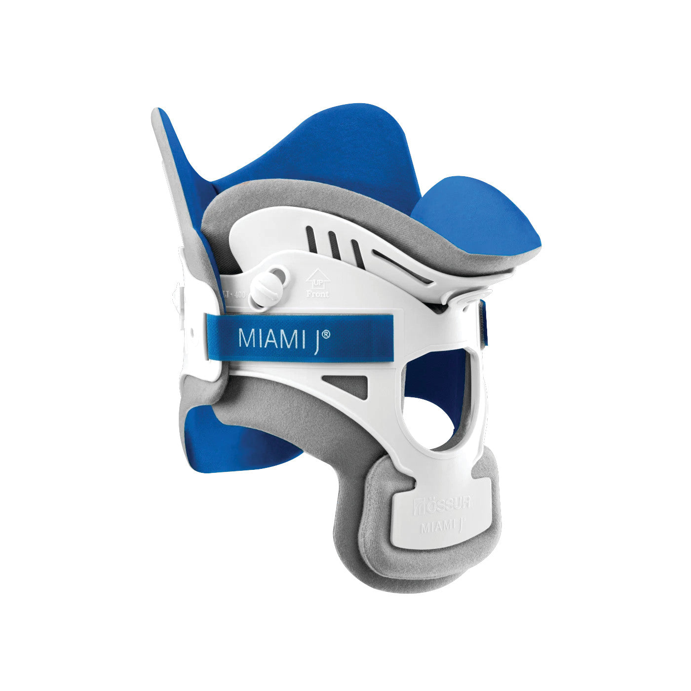 An ossur Miami J Cervical Collar with blue padding, white frame, and gray interior. Replacement Pad Set is shown.