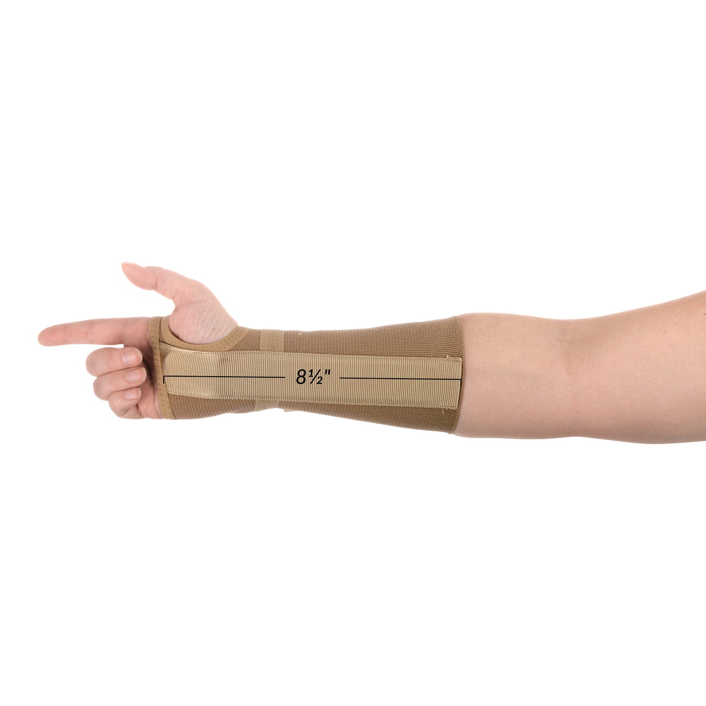 A forearm wearing an AliMed FREEDOM Long Elastic Wrist Support in beige, with "8 1/2" marked on it. The hand is pointing.