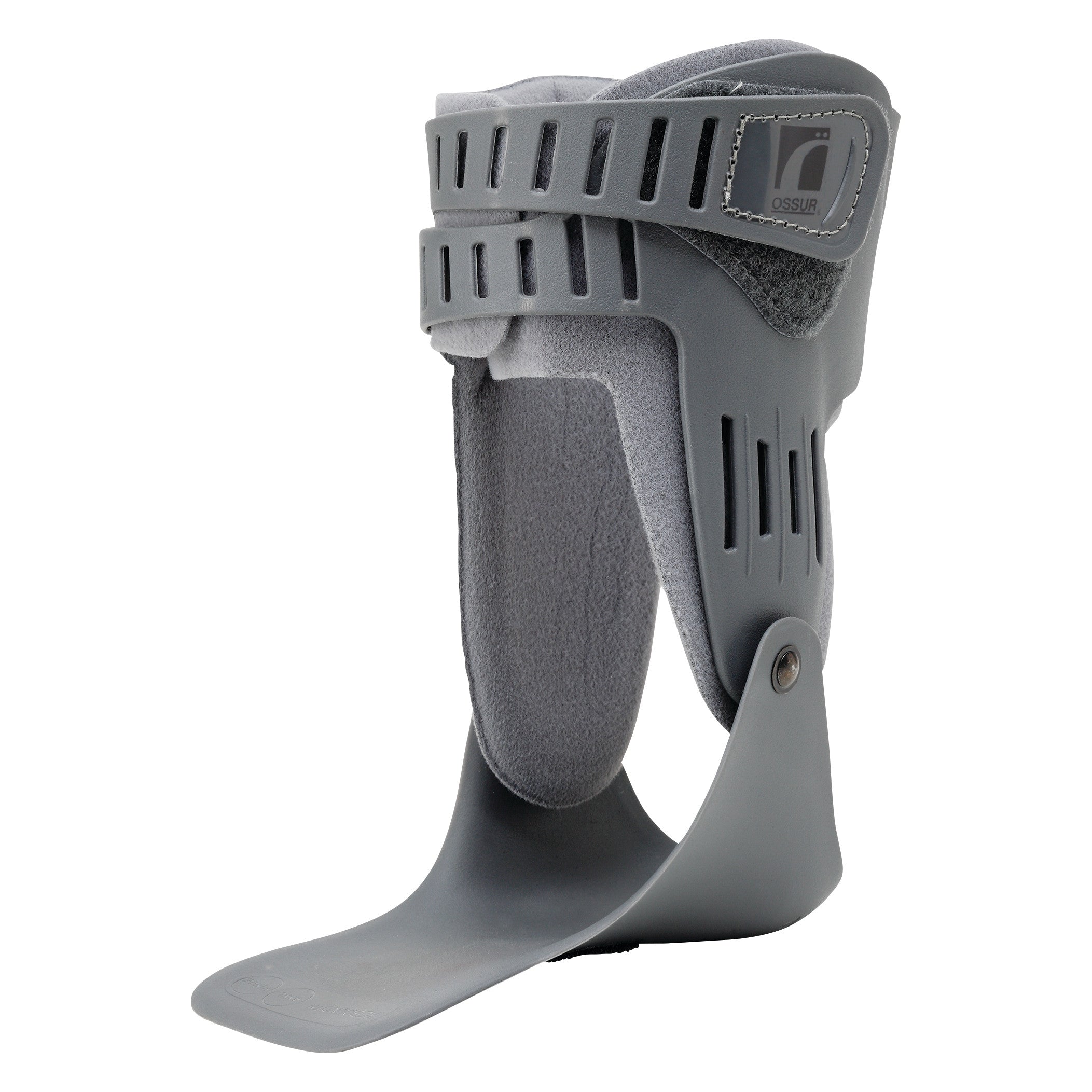 The Ossur Rebound Ankle Brace is a gray orthopedic support device designed to stabilize the ankle, with breathable material and fasteners.