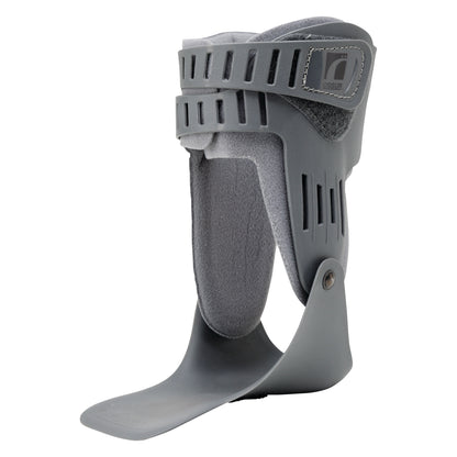 The Ossur Rebound Ankle Brace is a gray orthopedic support device designed to stabilize the ankle, with breathable material and fasteners.