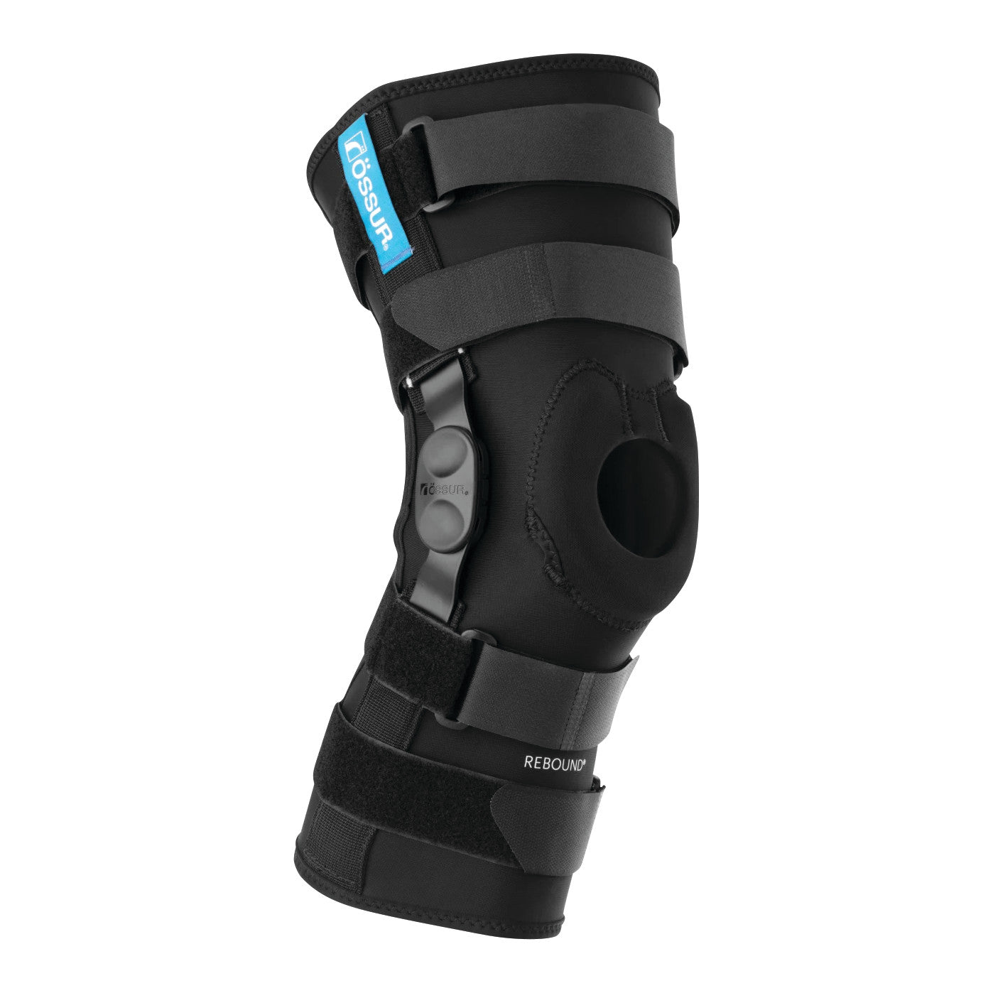Ossur Rebound ROM Knee Brace with Long Sleeve, featuring adjustable straps and a hole for the kneecap, designed for support and mobility.