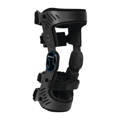 The Ossur Rebound DUAL Knee Brace is a black, adjustable knee support with cushioned pads and multiple straps for secure fastening.