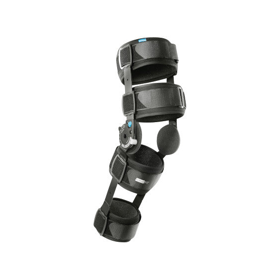 The ssur Formfit Post-Op Knee Brace with Cool Liner is a black support device with adjustable straps and hinges for post-surgery care.