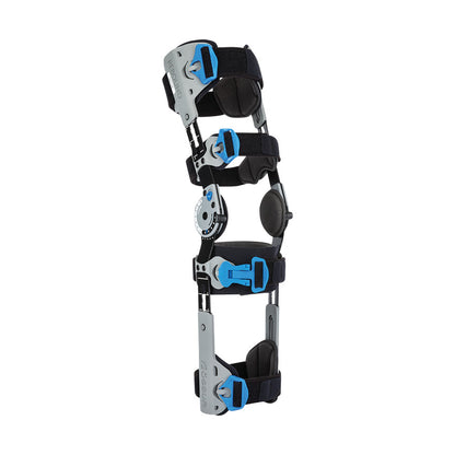 OssurRebound Post-Op Knee Brace with Cool Liner, featuring adjustable straps and blue buckles for post-surgery support.