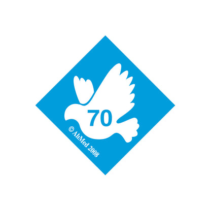 The AliMed Standardized Equipment Weight Capacity Label features a white dove with "70" on a blue diamond background, marked  1/2 AiMed 2008.