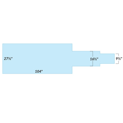 Blue technical drawing of the AliMed Support Surface for Toshiba Cat 250 Imaging Table. Dimensions: 104" x 27 1/2", 16 1/2", and 9 1/2".