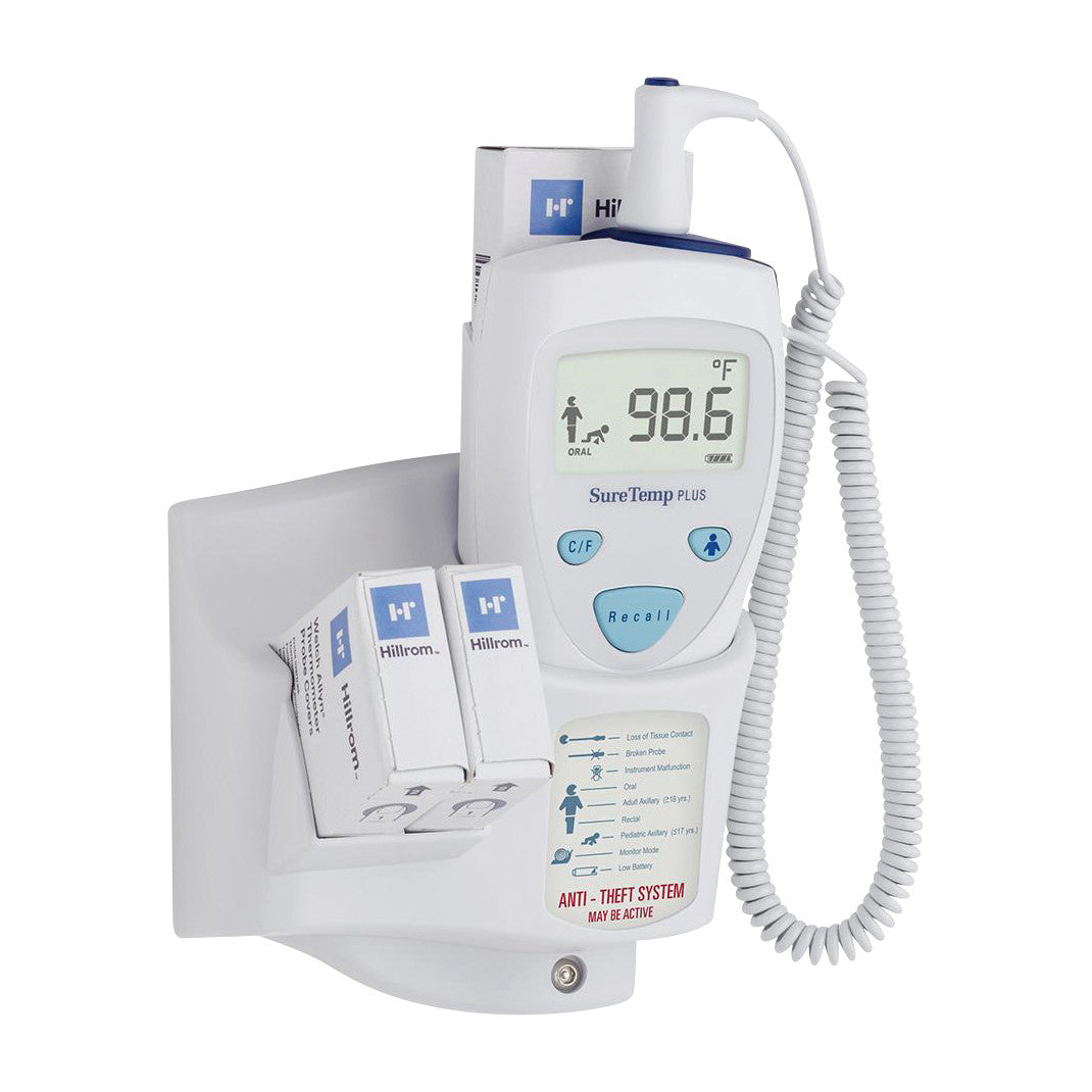 Welch Allyn SureTemp Plus 690 Electronic Thermometer on a wall mount, with probe and storage box attached.