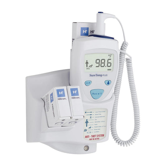 Welch Allyn SureTemp Plus 690 Electronic Thermometer on a wall mount, with probe and storage box attached.