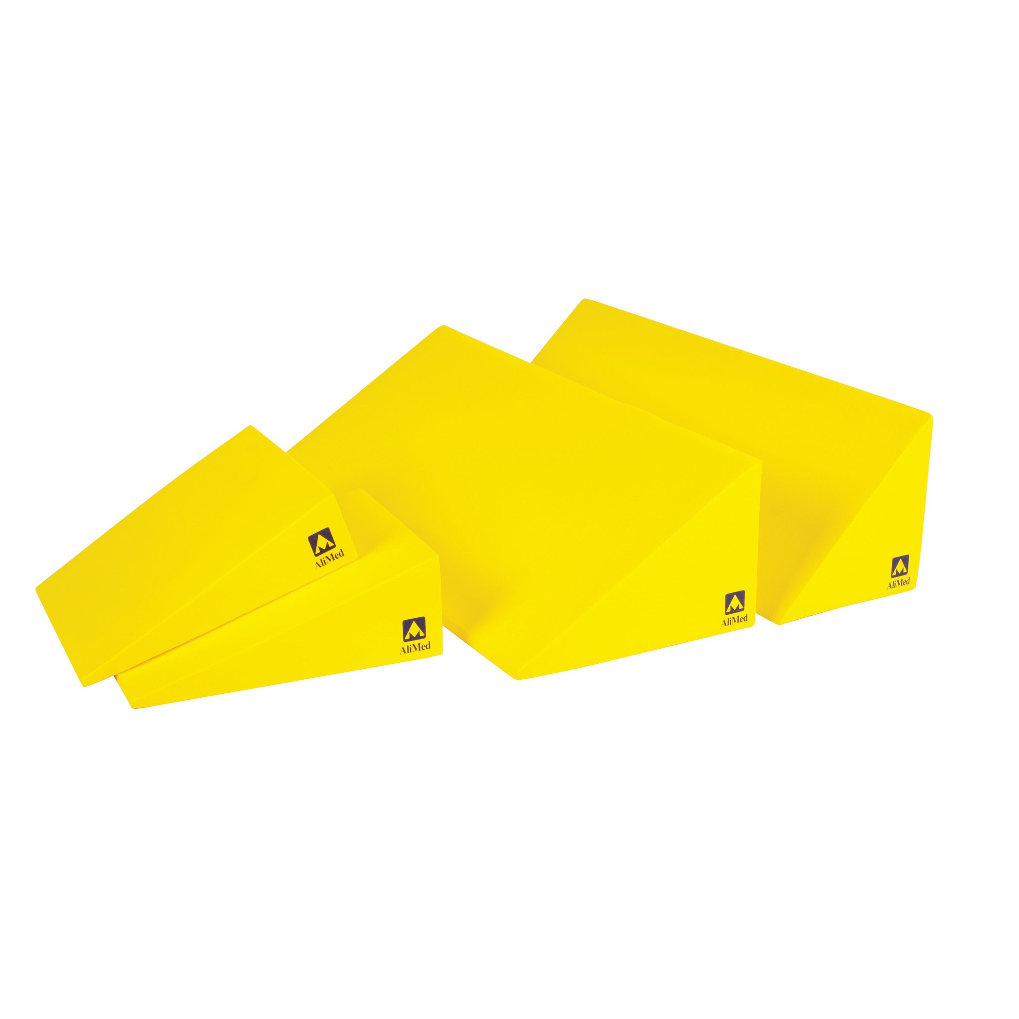 Three bright yellow wedge-shaped cushions from the AliMed Protecta-Coat Trauma Set are displayed on a white background.