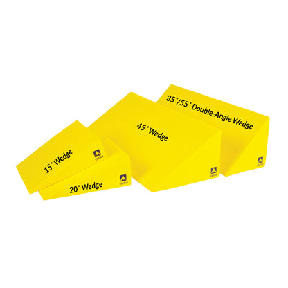 Yellow wedges labeled 15", 20", 45", and 35/55" double-angle from the AliMed Protecta-Coat Trauma Set, arranged in a row.