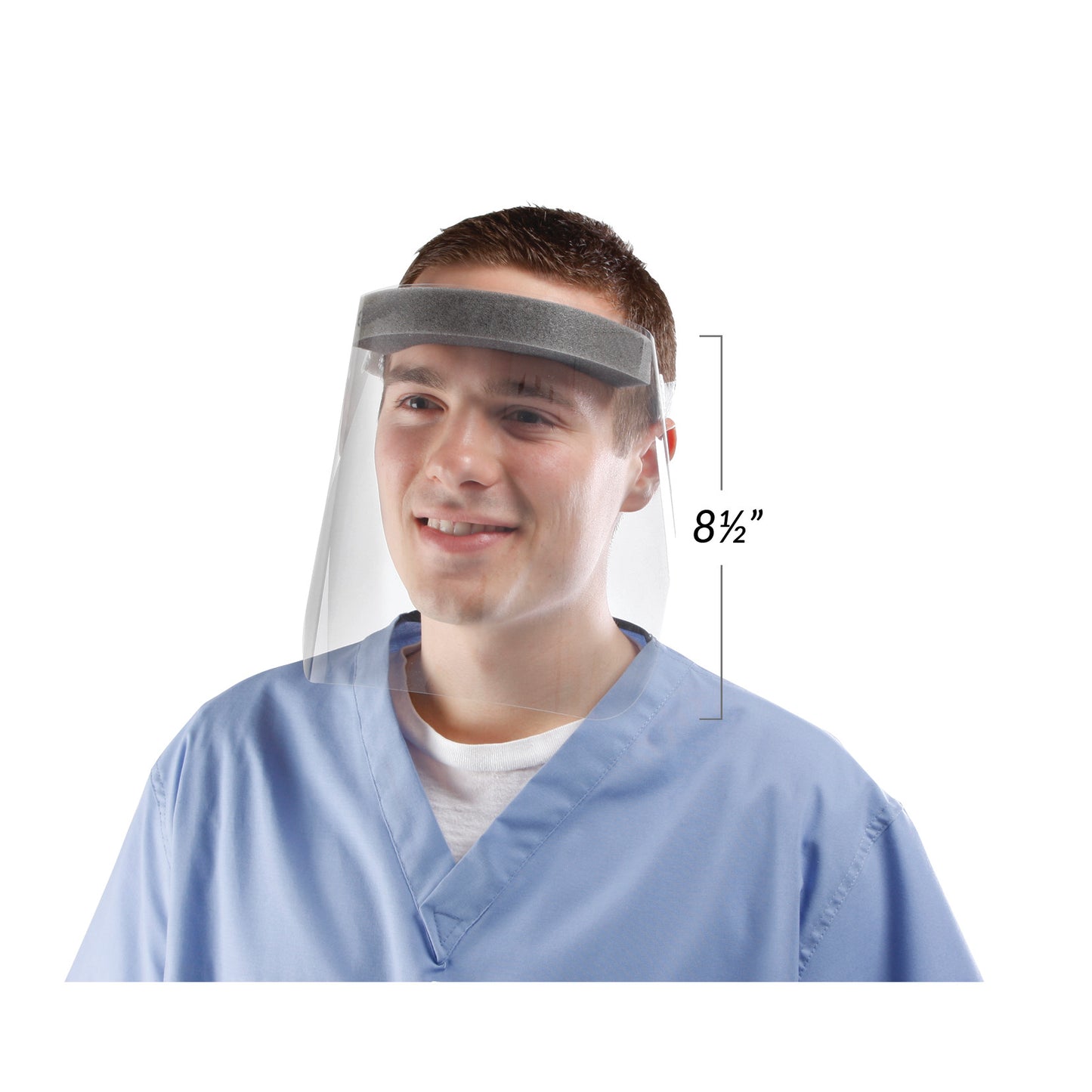 A person wearing the Alpha ProTech Critical Cover Coverall Full Face Shield, measured at 8 1/2 inches, and dressed in light blue scrubs.