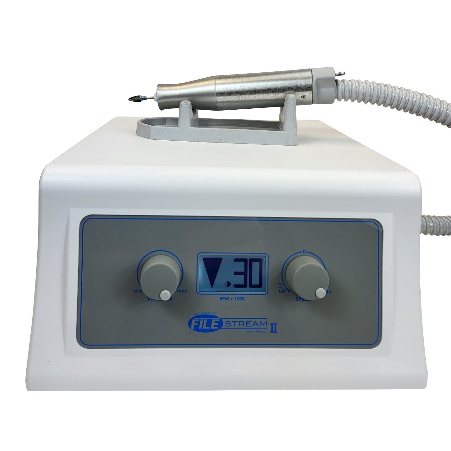 File Stream Debriding Drill System with Vacuum, featuring a control unit, flexible hose, and handheld drill with a pointed tip.