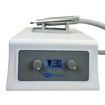 File Stream Debriding Drill System with Vacuum, featuring a control unit, flexible hose, and handheld drill with a pointed tip.