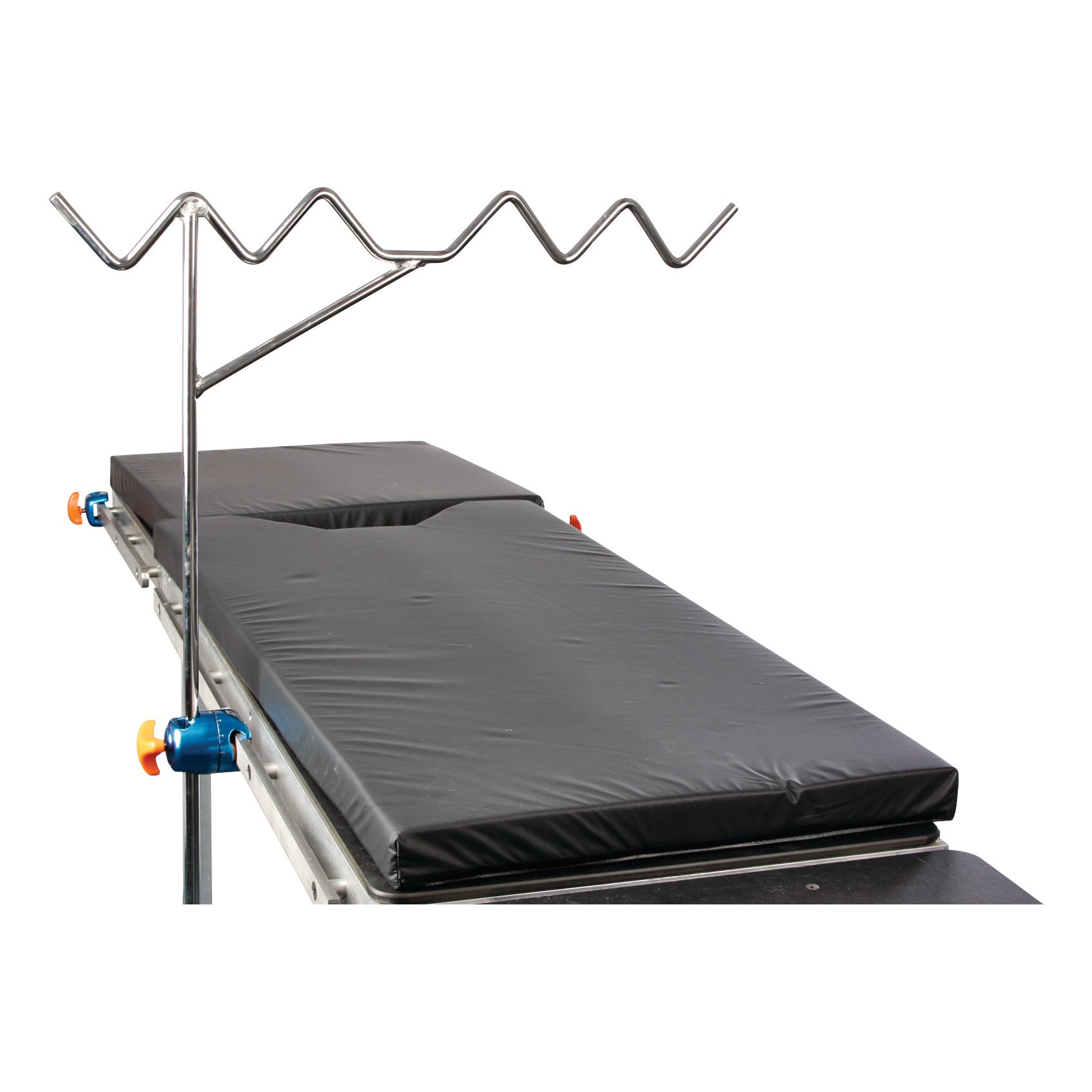 AliMed Standard Picket Fence Leg Prepper features a padded black surface with a zigzag metal rail for positioning.