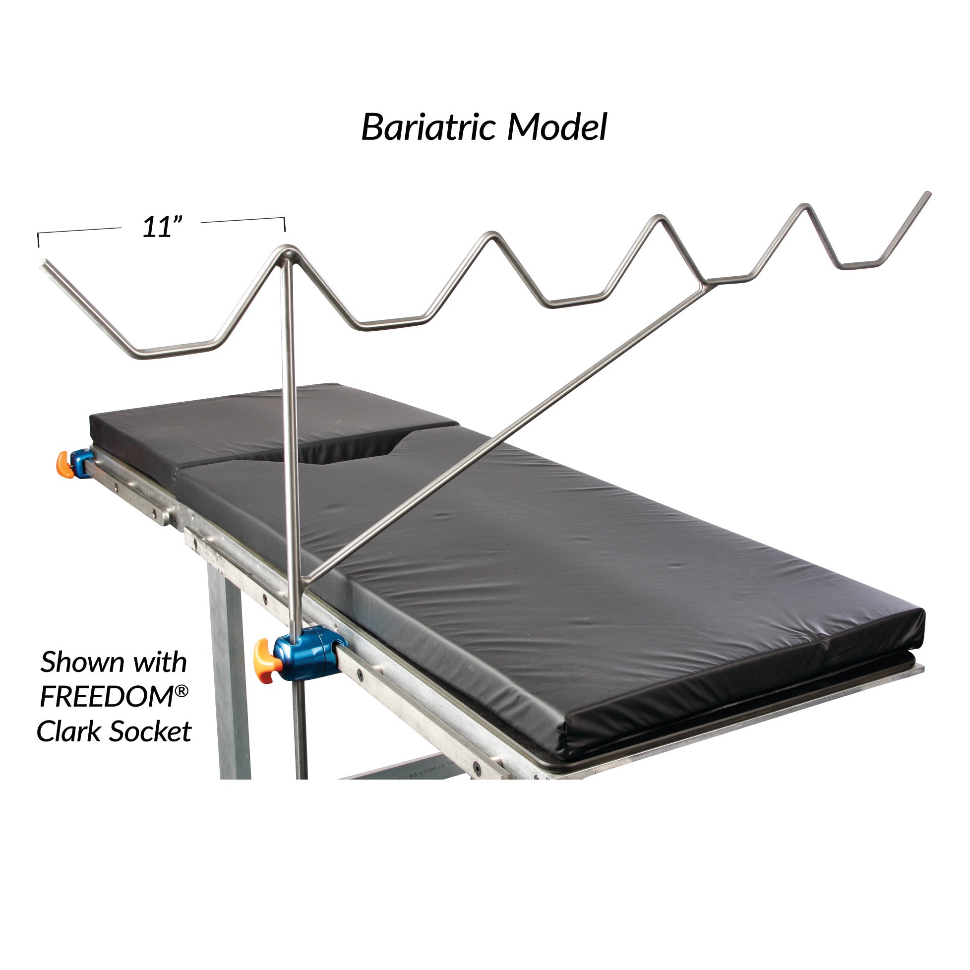 The AliMed Bariatric Picket Fence Leg Prepper features a zigzag metal support and an 11-inch clearance over a padded surgical table.