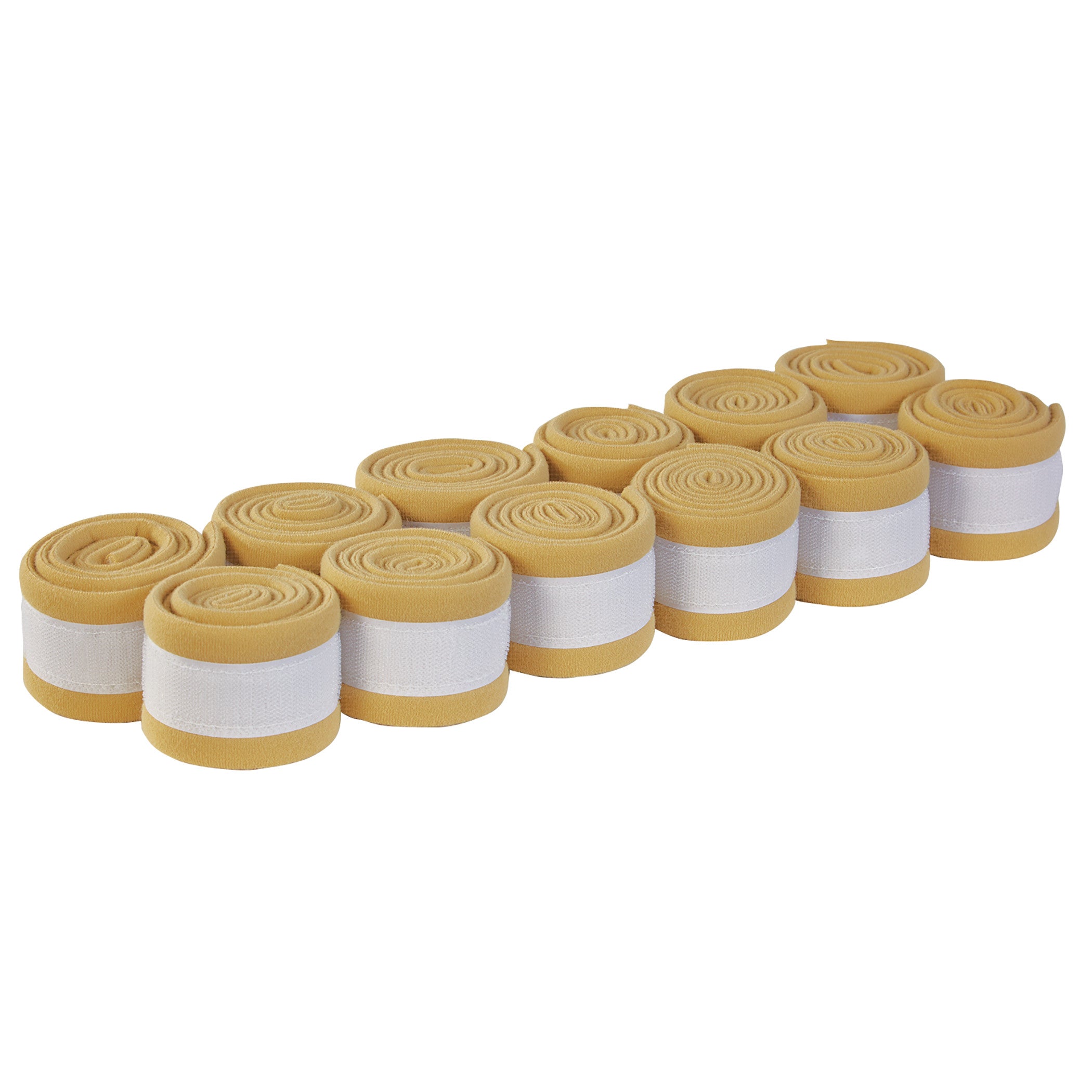 Eleven AliMed AliStrap Soft Precut Patient Safety Straps, rolled in yellow and white, are aligned in two neat rows.