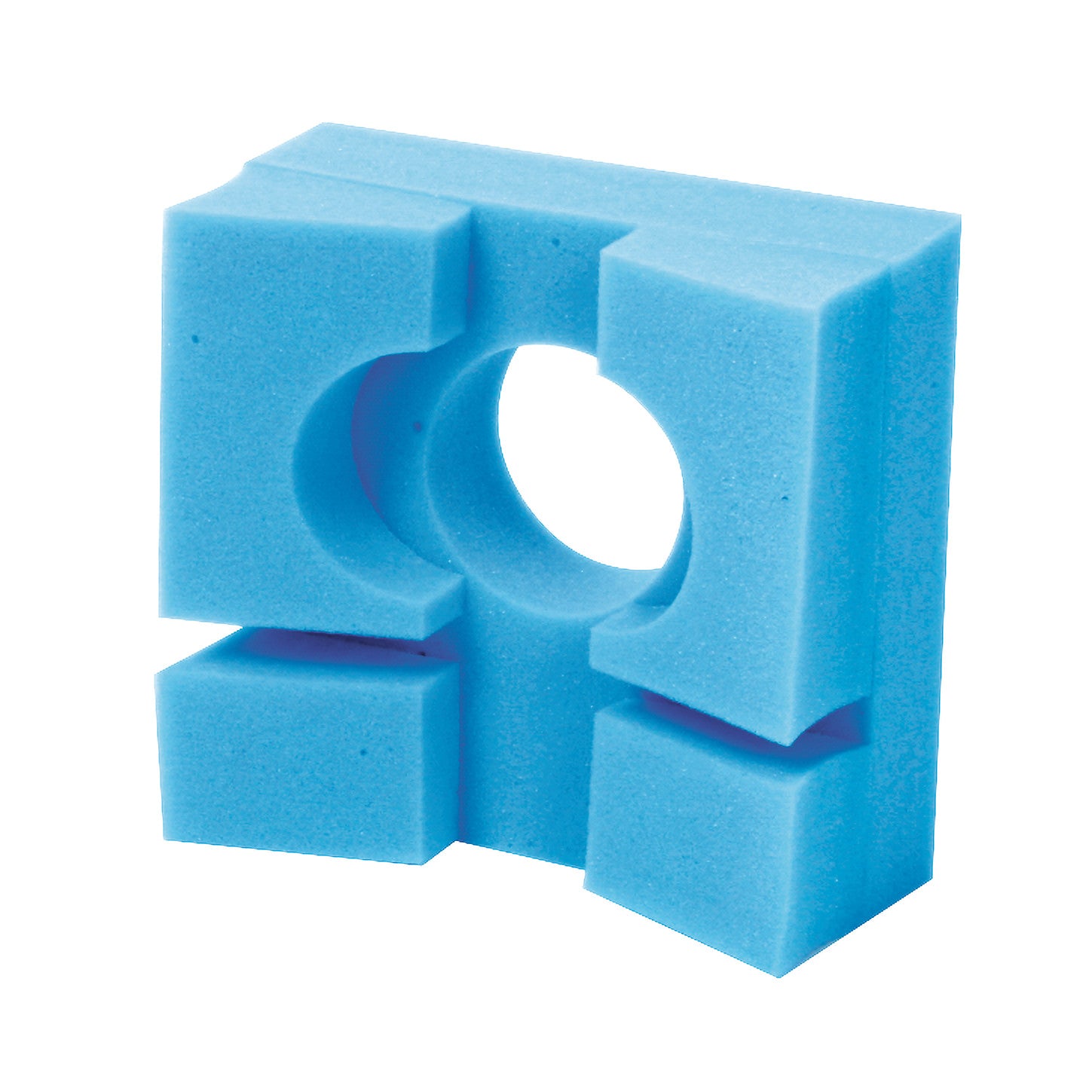 The AliMed Slotted Richard-Type Headrest is a blue foam support block with a central hole and slotted design for ergonomic use.