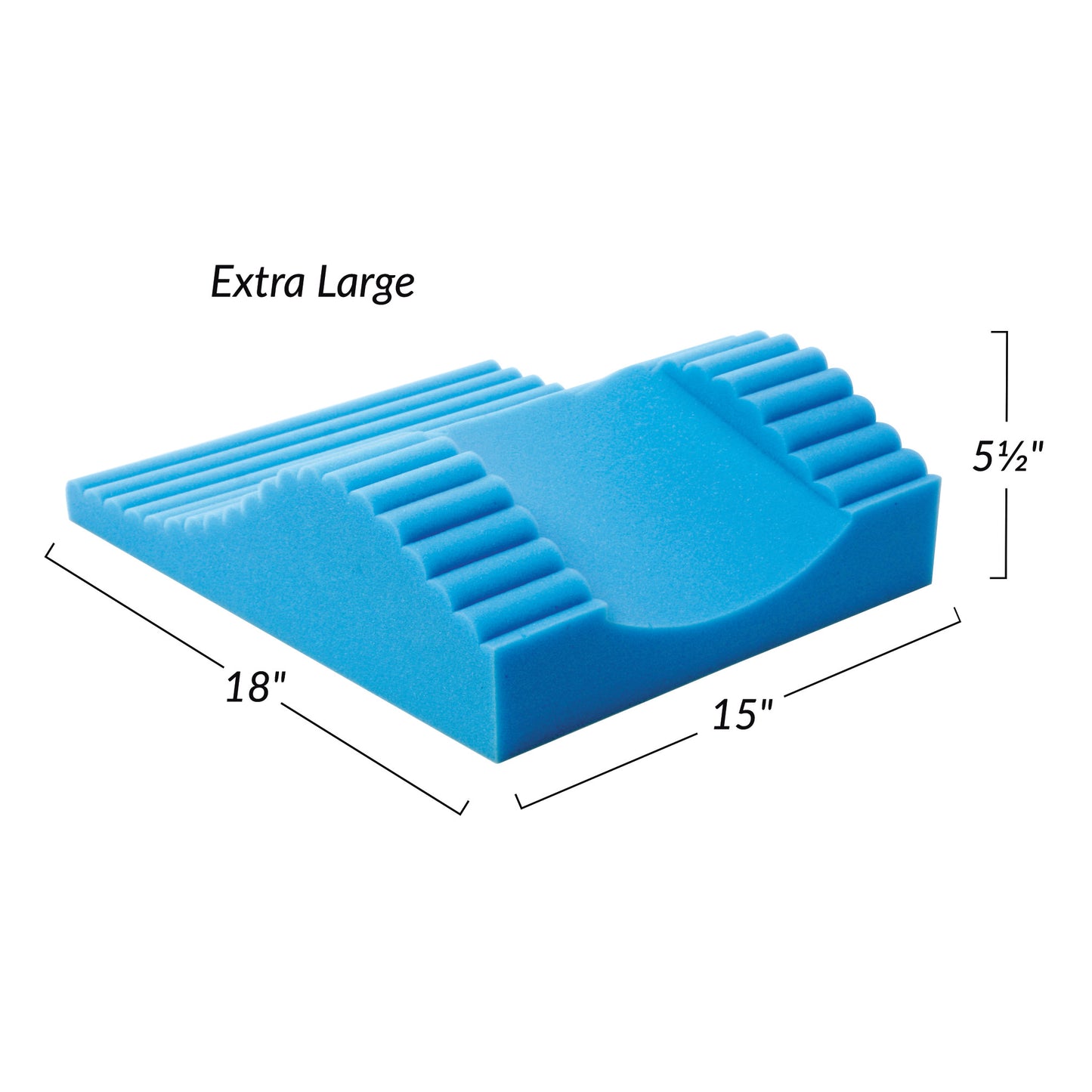 Blue PopitzPillow Supine Sniff Positioner with ridged edges, measuring 18" wide, 15" deep, and 5.5" high. Labeled "Extra Large."