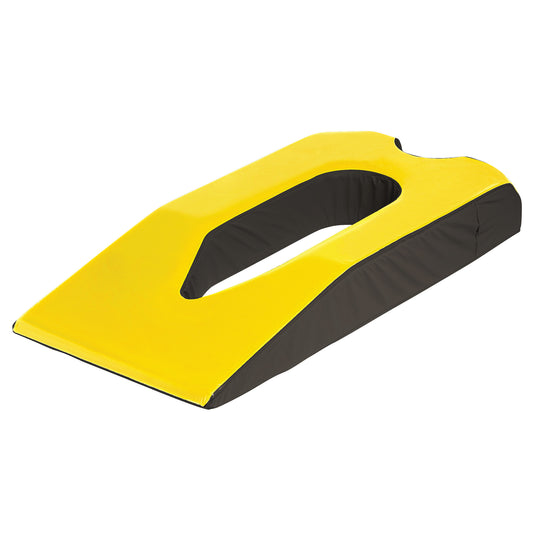 The AliMed AliLite Full-Body Prone Positioner is a yellow and black support cushion with a central opening, designed for prone positioning.