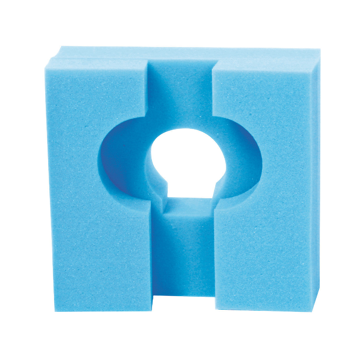 Blue foam AliMed Richard-Type Headrest with a central keyhole opening and grooved sides, used for medical support applications.